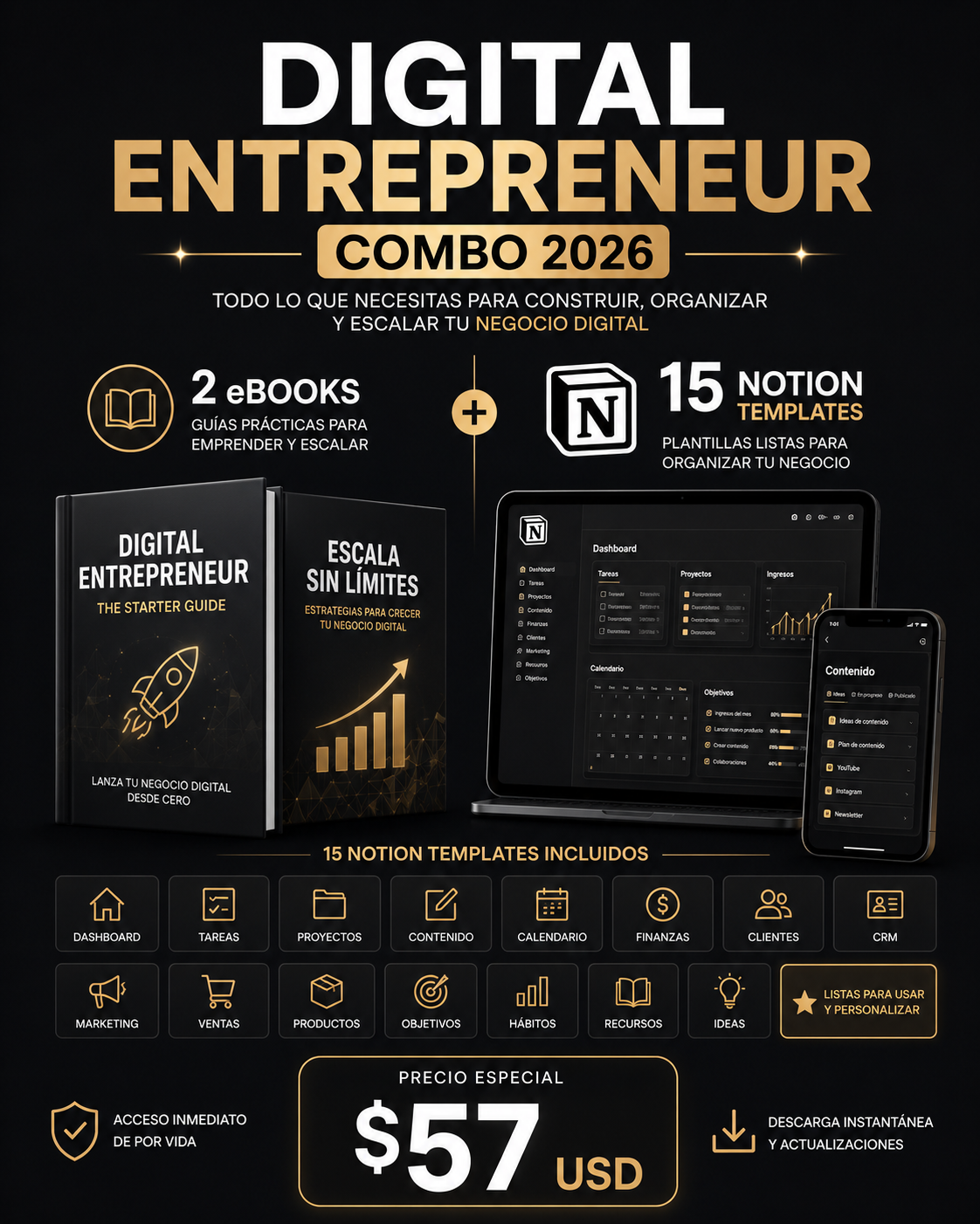 Digital Entrepreneur Bundle 2026 — 15 Notion Templates + 2 Business eBooks